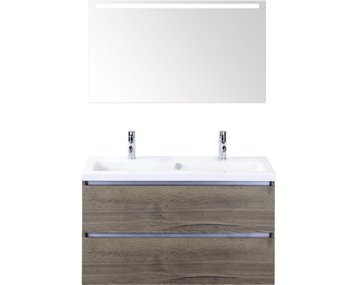 Ensemble de meubles de salle de bains Vogue 100 cm avec lavabo en céramique 2 trous pour robinetterie et miroir avec éclairage LED Tabacco