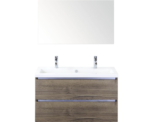 Ensemble de meubles de salle de bains Vogue 100 cm avec lavabo en céramique 2 trous pour robinetterie et miroir Tabacco