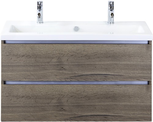 Ensemble de meubles de salle de bains Vogue 100 cm avec lavabo en céramique 2 trous pour robinetterie Tabacco chêne 81739939