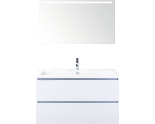 Ensemble de meubles de salle de bains Vogue 100 cm avec lavabo en céramique et miroir avec éclairage LED blanc à haute brillance