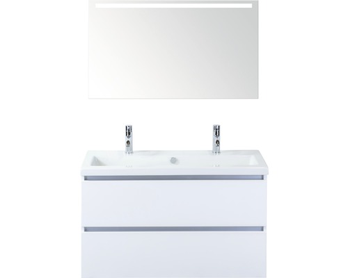 Ensemble de meubles de salle de bains Vogue 100 cm avec lavabo en céramique 2 trous pour robinetterie et miroir avec éclairage LED blanc à haute brillance