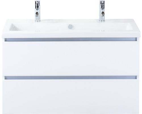 Ensemble de meubles de salle de bains Vogue 100 cm avec vasque en céramique 2 trous pour robinetterie blanc à haute brillance