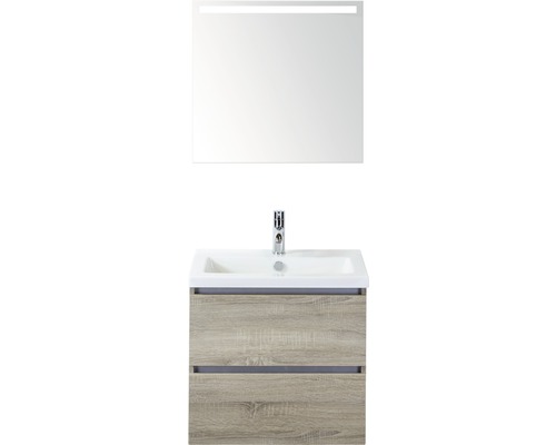 Ensemble de meubles de salle de bains Vogue 60 cm avec lavabo en céramique et miroir avec éclairage LED chêne gris