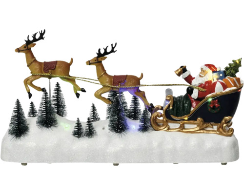 Weihnachtsdekoration mit Weihnachtsmann im Schlitten und Rentieren