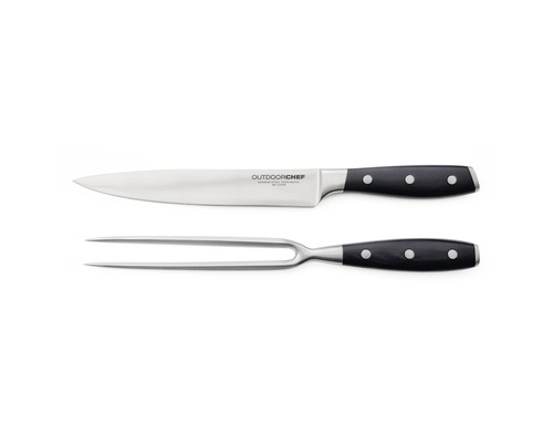 Bestehend aus Messer und Gabel: Küchenhelfer-Set zum Schneiden und Servieren von Speisen