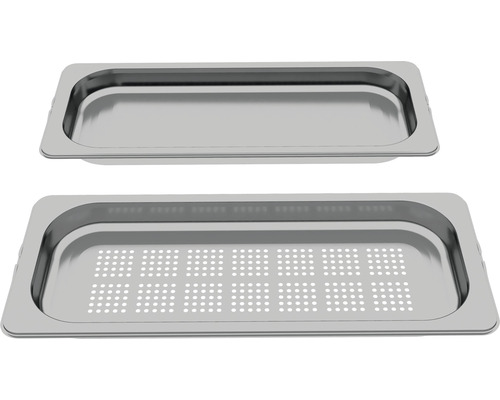 Récipient à vapeur Bosch perforé et non perforé Size M acier inoxydable HEZ66D52 Récipient gastronorme en acier inoxydable, un récipient est perforé