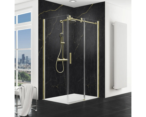 Porte de douche avec paroi latérale avec porte coulissante SCHULTE MasterClass ExpressPlus 140 x 90 cm couleur du profilé or décor de vitre verre transparent butée de porte à droite butée de paroi latérale à gauche