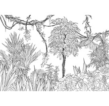 Illustration eines Dschungels mit Bäumen, Lianen und tropischen Pflanzen