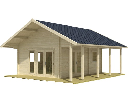 Abri de jardin en bois avec terrasse et toit à deux pentes