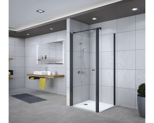Porte pivotante pour paroi latérale Breuer Elana 6 80 cm butée à droite, décor Lines, profilé couleur noir Salle de bain moderne avec cabine de douche, lavabo et miroir