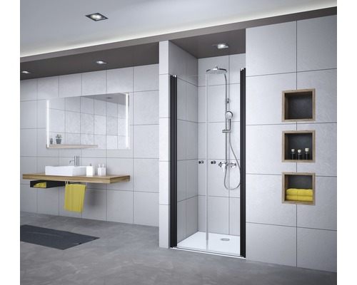 Duschtür in Nische mit Pendeltür BREUER Elana 100 cm Profil schwarz Glasdekor Grau Türanschlag links Türanschlag rechts Puffergriff Modernes Badezimmer mit Dusche, Waschbecken und Regalen