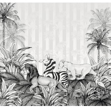 Papier peint avec motifs de jungle, y compris lion, zèbre et palmier
