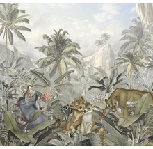 Papier peint jungle avec lions, phacochère et plantes tropicales