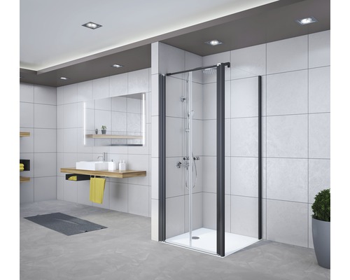 Modernes Badezimmer mit Duschkabine mit Falttür und Waschtisch