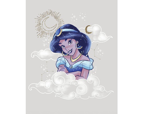 Illustration de la princesse Jasmine entourée de nuages, de croissants de lune et de constellations
