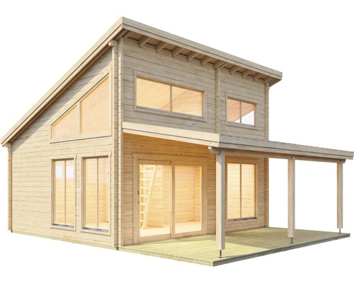 Maison en bois à deux étages avec de grandes fenêtres et une terrasse couverte.