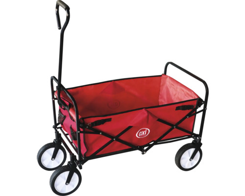 Bollerwagen mit roten Stoffwänden und schwarzem Rahmen