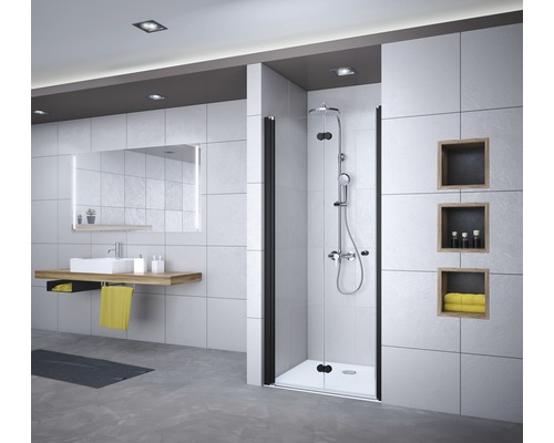 Porte pivotante-pliante pour niche Breuer Elana Komfort 90 cm butée à gauche, décor satiné, profilé couleur noir Salle de bains moderne avec cabine de douche, lavabo et miroir