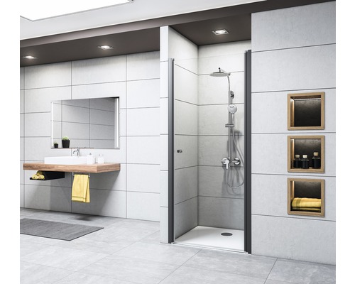 Porte pivotante pour niche Breuer Elana 6 75 cm butée à gauche, décor Lines, profilé couleur noir Salle de bains moderne avec douche, lavabo et miroir