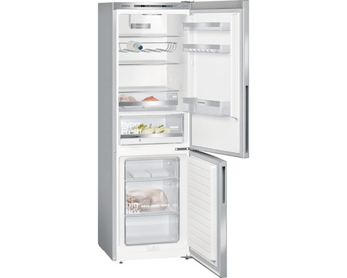 Geöffneter Kühlschrank mit Gefrierfach von Siemens mit Fächern und Schubladen