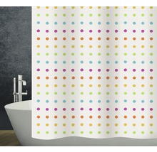 Duschvorhang mit bunten Punkten im Badezimmer