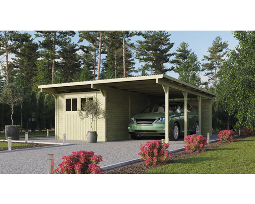 Carport double Karibu Eco 2 Set avec zone de stockage intégrée de 11 m² et un panneau arrière 509x576 cm traité en autoclave par imprégnation