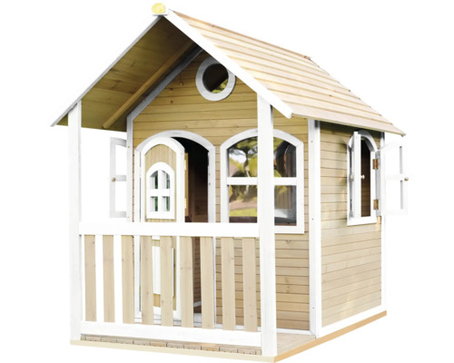 Cabane de jeu en bois avec véranda, fenêtres et porte