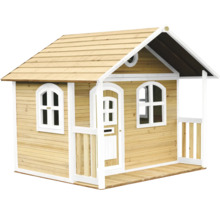 Maisonnette en bois avec porte, fenêtres et véranda
