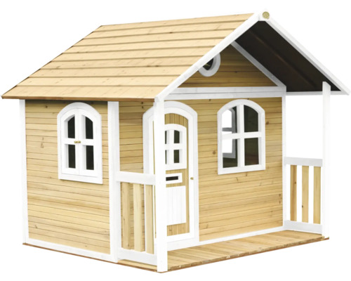 Maisonnette en bois avec porte, fenêtres et véranda