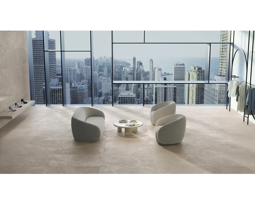 Intérieur moderne avec des carreaux de sol grand format, des sièges et une vue sur la ville