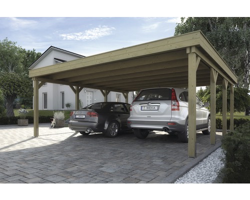 Carport double weka 609 taille 1576 x 591 cm traité en autoclave par imprégnation Double abri de voiture en bois avec deux voitures garées