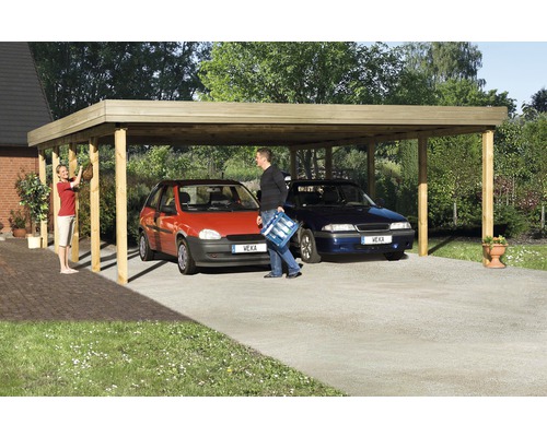 Carport double weka 609 taille 2576 x 784 cm traité en autoclave par imprégnation Abri double en bois avec deux voitures garées