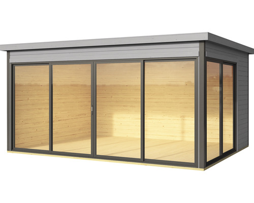 Abri de jardin avec grandes portes coulissantes en verre pour un maximum de lumière naturelle