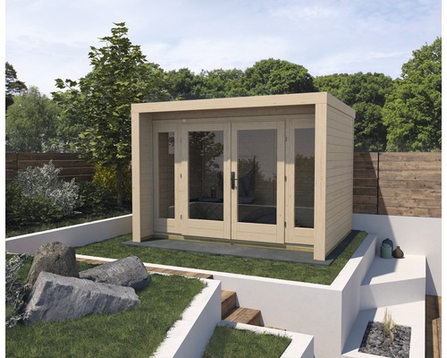 Abri de jardin weka Design 263 Taille 2 avec plancher 305 x 250 cm naturel Abri de jardin avec double porte et façade en verre dans un jardin