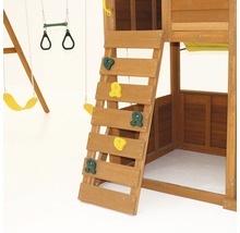 Klettergerüst aus Holz mit Kletterwand und Schaukel