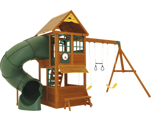 Holzspielplatz mit Rutsche und Schaukel
