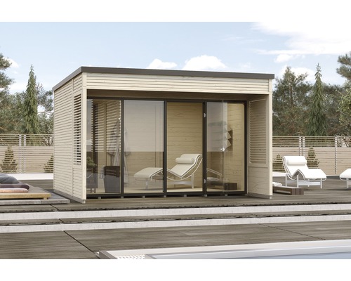 Abri de jardin weka Designhaus Cubilis 2.0 414 taille 1 avec plancher, gouttière et film de toit autocollant, 380 x 380 cm, naturel
