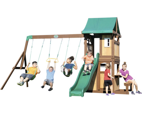 Aire de jeux pour enfants avec balançoires, toboggan et cabane de jeux pour le jardin