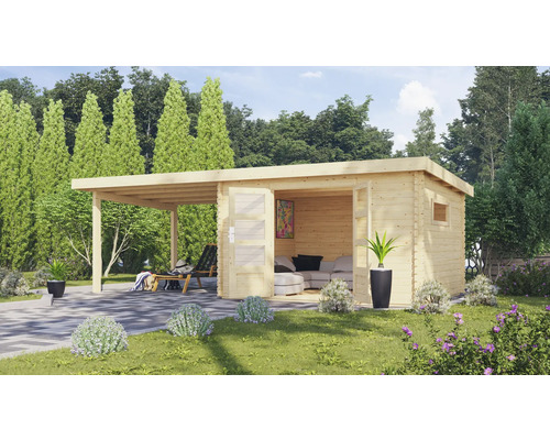 Chalet de jardin en madriers Karibu Tossens 5 avec toit en appentis 3,3 m 669 x 297 cm naturel