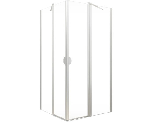 Eckdusche mit Glastüren und Metallrahmen