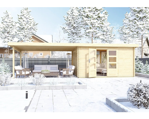 Chalet de jardin en madriers Karibu Tossens 5 avec toit en appentis 4,4 m 806 x 333 cm naturel