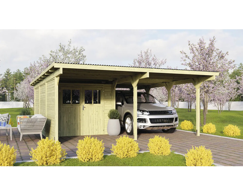 Carport double Karibu Eco 2 set avec zone de stockage intégrée de 7,3 m², une paroi latérale et une paroi arrière 509x576 cm traité en autoclave par imprégnation