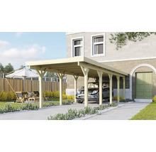 Carport aus Holz mit einem Auto auf einer Auffahrt vor einem Haus.