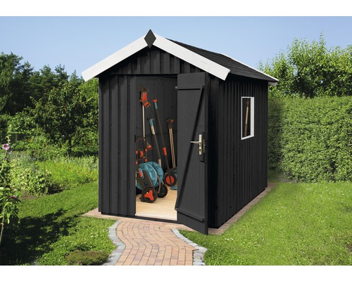 Gartenhaus weka Schwedenhaus Gr. 2 inkl. Fussboden 200 x 286 cm anthrazit Gartenschuppen aus Holz mit geöffneter Tür und Gartengeräten im Inneren