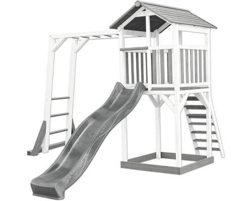 Spielturm axi Beach 270,4 x 349 cm Holz weiß inkl. Kletterwand Rutsche grau