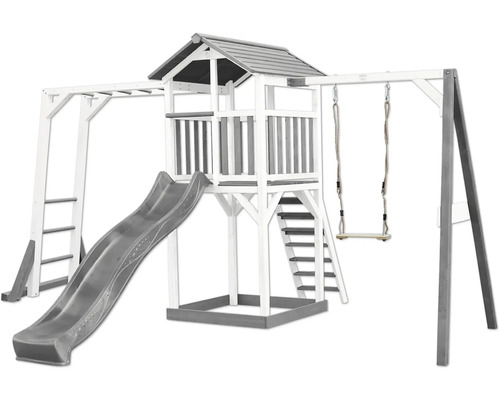 Spielturm axi Beach 446 x 349 cm Holz weiß inkl. Kletterwand Schaukel grau Spielturm mit Rutsche, Schaukel und Klettergerüst für den Garten