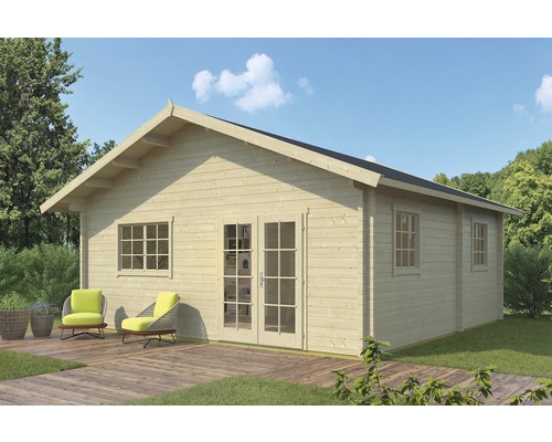 Abri de jardin weka Weekendhaus type 703 Taille 2 grande hauteur de passage 195 cm, avec mezzanine et plancher 652 x 680 cm naturel