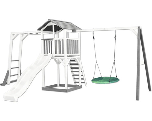 Tour de jeux axi Beach 519 x 349 cm bois blanc avec mur d'escalade, balançoire nid d'oiseau Tour de jeux avec toboggan, échelle, balançoire et plateforme d''observation pour le jardin