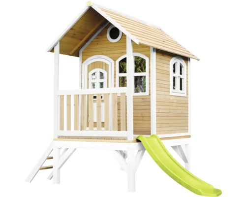 Cabane de jeux sur pilotis axi Tom 287 x 191 cm bois marron avec toboggan vert Cabane de jeu en bois avec toboggan, escalier et fenêtres