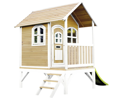 Maisonnette en bois avec véranda, toboggan et escalier
